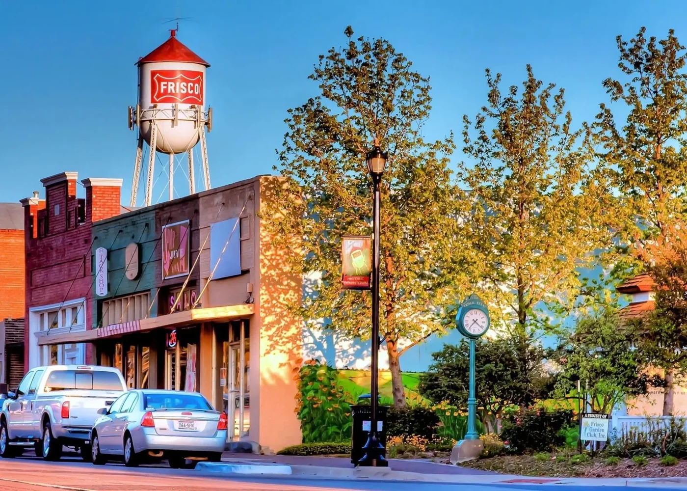 Downtown Frisco storefronts and the Frisco water tower