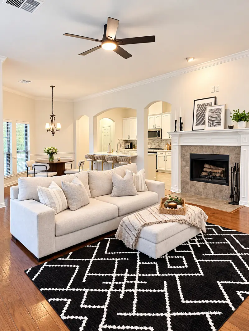 Freshly cleaned living room with polished floors and a reset seating area